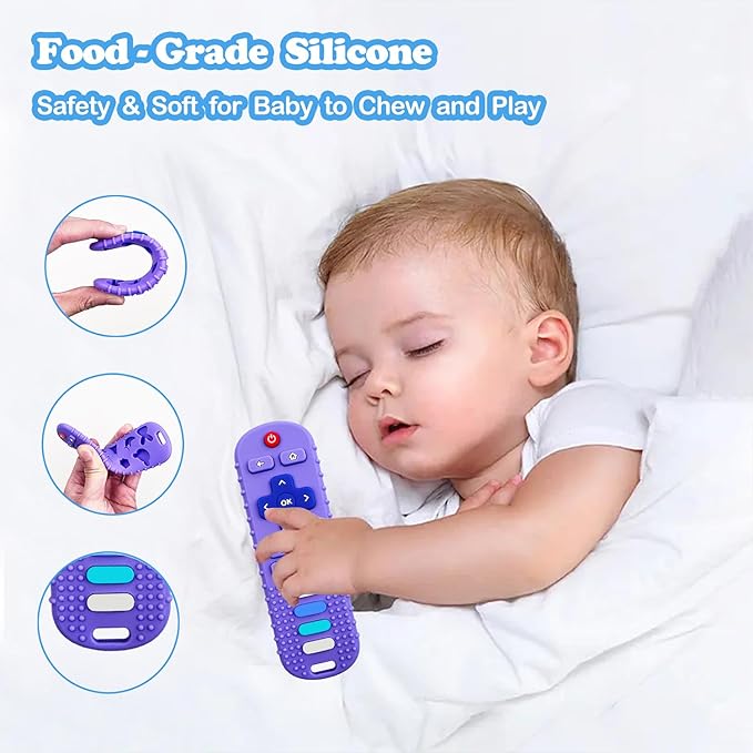 2-Pack Silicone Baby Teething Toys, Fire TV Remote Shape for 18 Months Infant, Toddlers, Boys and Girls Early Educational Sensory Toy (Black+Purple)