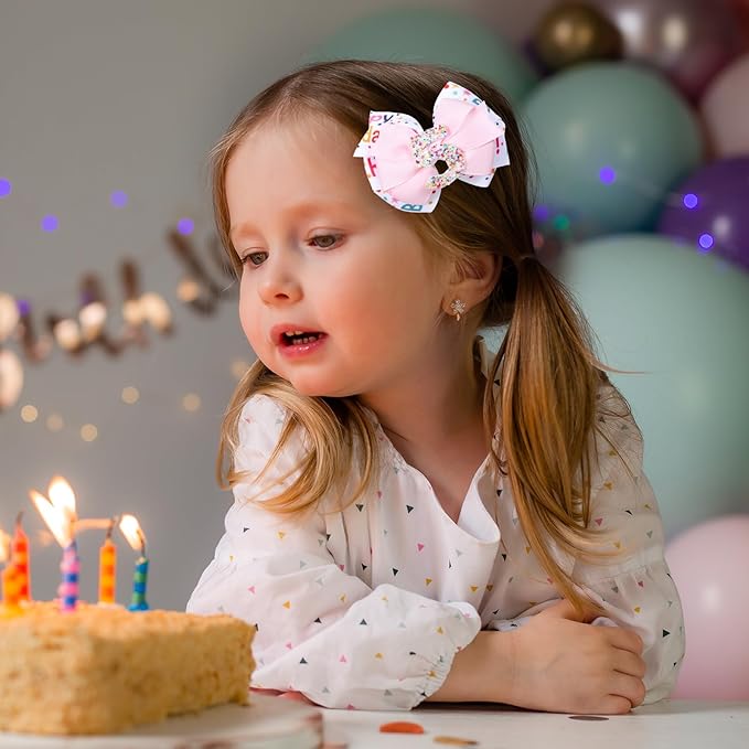 2pc Happy Birthday Ribbon Hair Bow Clips Barrettes,3.5" Glitter Pink Sprinkle Alligator Hairpins for Girls Teens Toddlers Kids 5th Birthday Party Dress Accessory Gifts