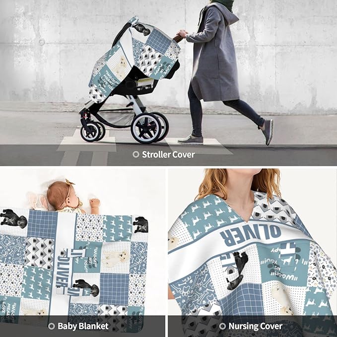 Personalized Minky Car Seat Canopy for Girl Boy, Custom Name Stroller Car Seat Covers Cover for Infant Newborn Shower Gift, Nursing Opening Carseat Cover for Breastfeeding, Dog Cute Puppy