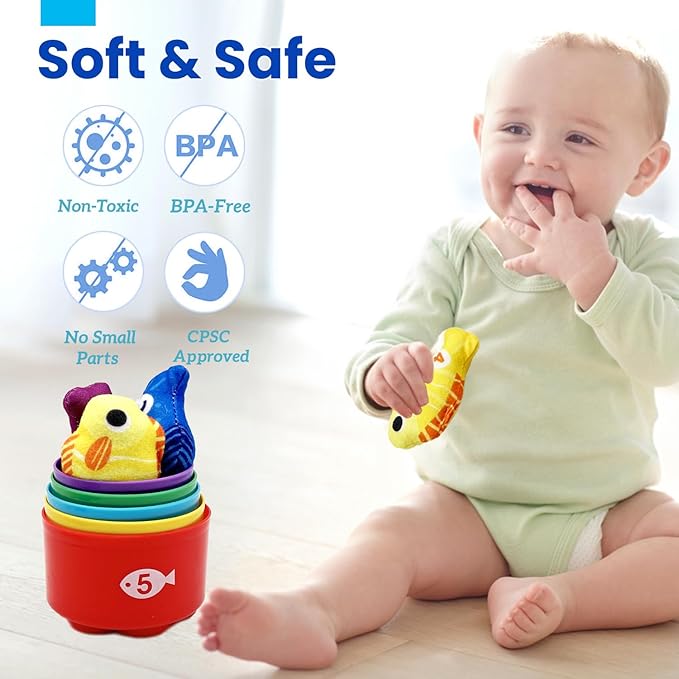 Count Learning Montessori Toys for Toddlers 3 Year Old Cloth Toddler Fishing Game with Stacking Cups,Baby Toy 12-18 Months 1 2 Year Old Boy Girl Gifts (Fish)
