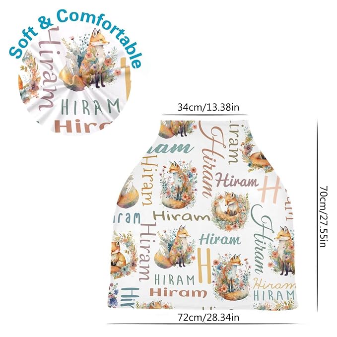 Personalized Monogram Name Baby Car Seat Covers for Girls Boys, Customized Cute Fox Carseat Cover, Breathable Nursing Cover Breastfeeding Scarf, Multi-Use Stroller Canopy for Newborn Infants