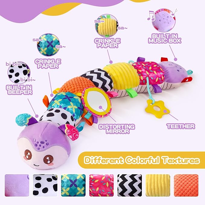 Baby Toys 0-6 Months, Musical Toys for Purple Caterpillar, Infant Stuffed Animal Soft Sensory Toys with Crinkle、 Rattles and Textures, Tummy Time Toys for Newborn Boys Girls 0 3 6 12 Months