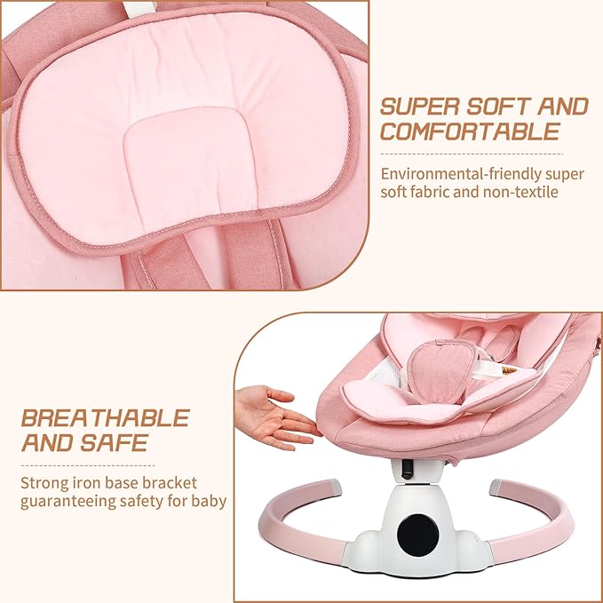 Uuoeebb Baby Swing for Infants, Portable Electric Baby Swings with Bluetooth, 5 Swing Speed, 10 Lullabies, 5-Point Harness, Remote Control & Touch Panel - Infant Swing for Indoor & Outdoor Use, Pink