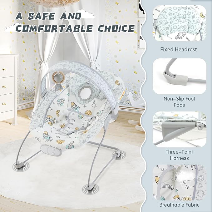 Portable Baby Bouncer Seat with 8 Melodies, 3 Vibration Levels & Adjustable Volume, Foldable Infant Bouncer Rocker with Safety Harness for Baby 0-6 Months, Indoor & Outdoor Use BR2403