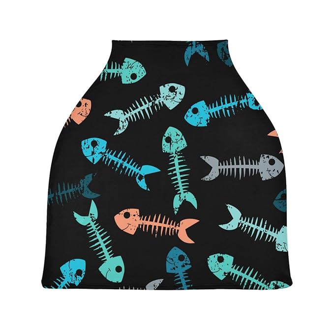Multicolor Fish Skeleton Bone Skull Tattoo Print On Black Stretchy Baby Car Seat Cover Infant Canopy Nursing Covers Breastfeeding Cover Breathable Windproof Winter Scarf for Boys Girls