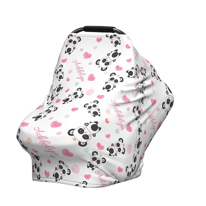 Personalized Baby Car Seat Cover for Girls, Custom Panda Pink Nursing Covers for Breastfeeding with Name, Infant Stroller Cover, Baby Carseat Canopy for Newborn, Multiuse Car Seat Canopies