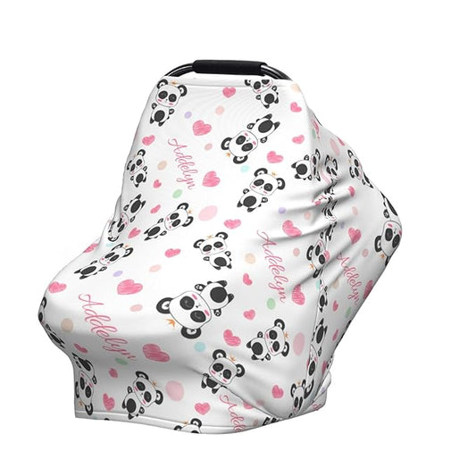 Personalized Baby Car Seat Cover for Girls, Custom Panda Pink Nursing Covers for Breastfeeding with Name, Infant Stroller Cover, Baby Carseat Canopy for Newborn, Multiuse Car Seat Canopies