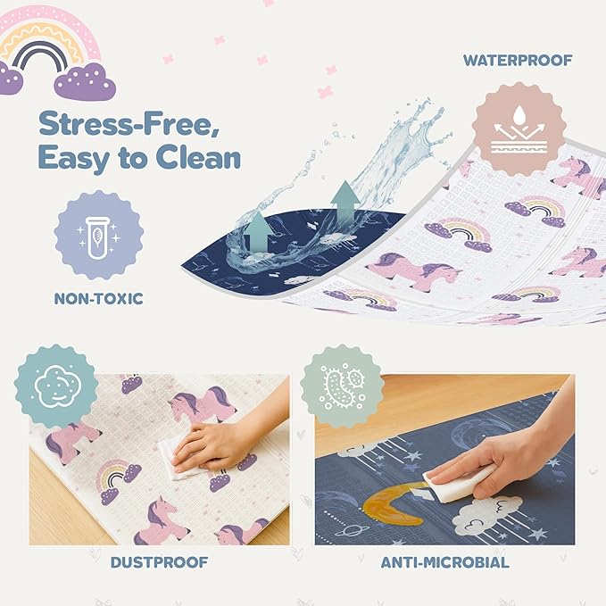 Motherly Haven 79x71 Foldable Baby Play Mat for Floor, Extra Large Reversible Foam Play Mat for Babies 6-12 Months, Waterproof Portable Foam PlayMat for Tummy Time for Toddler - Unicorn and Clouds