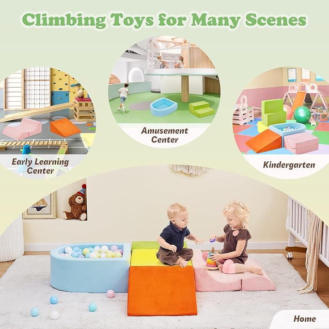 5-Piece Climbing Toys for Toddlers 1-3 , Baby Foam Blocks,Toddler Climbing Toys Indoor with Foam Ball Pit (Balls not Included), Soft Foam Climbing Blocks Set Indoor Play Gym for Crawling and Sliding