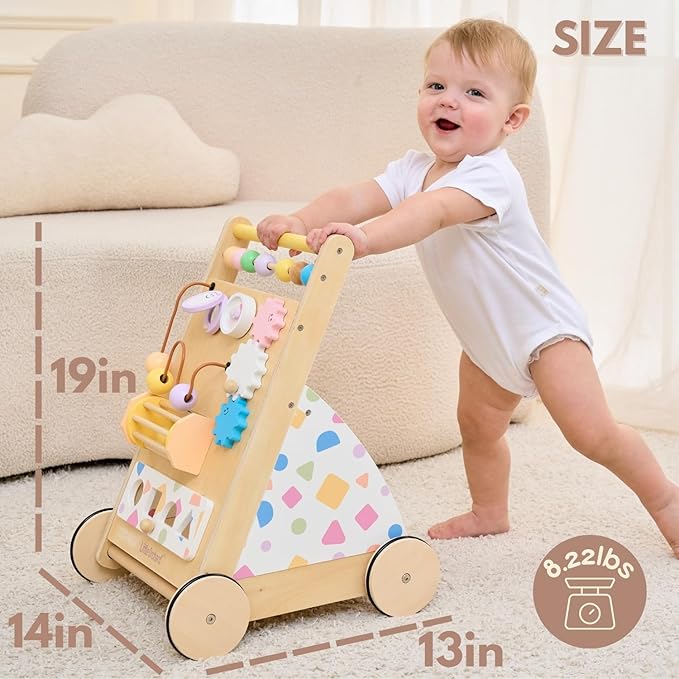 Wooden Baby Walker with Upgraded Adjustable Speed Control, Montessori Activity Push Walker with Wheels, Baby Walker Toy for Toddlers, Gift for Boys & Girls 1 Year Old