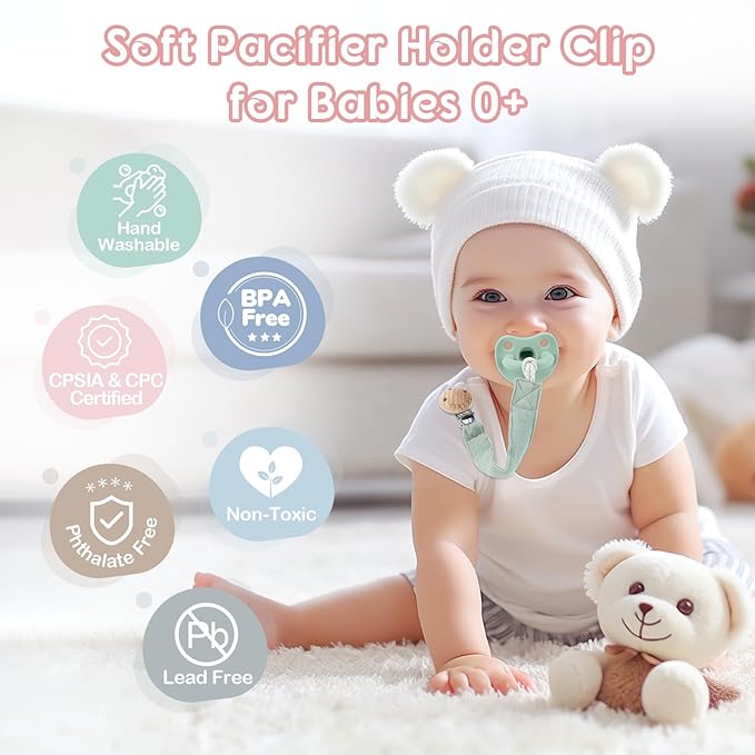 TYRY.HU Ribbon Pacifier Clip Holder,2 Pack Binky Paci Holder Clips, Pacifier Leash for Baby Boys and Girls, Fabric Pacifier Strap Universal Fits for Most Pacifier, Styles & Teethers Toys(Green,Pink)