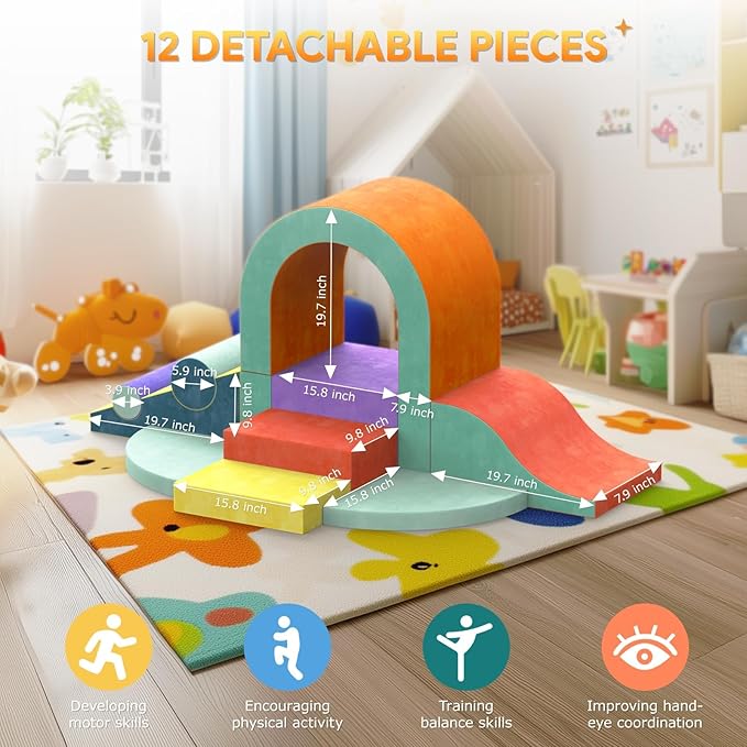 Foam Climbing Blocks for Toddlers, 12 PCS Colourful Toddler Climbing Toys Indoor, Soft Play Set with Toy Car, Flexible Crawling and Sliding Climbing Blocks