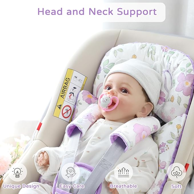 SWESEN Infant Car Seat Insert with 3 Strap Covers Set, Car Seat Head Support Baby for Girls, Soft 3 in 1 Baby Car Seat Cushion for Strollers, Bouncers, Swing, Purple Floral