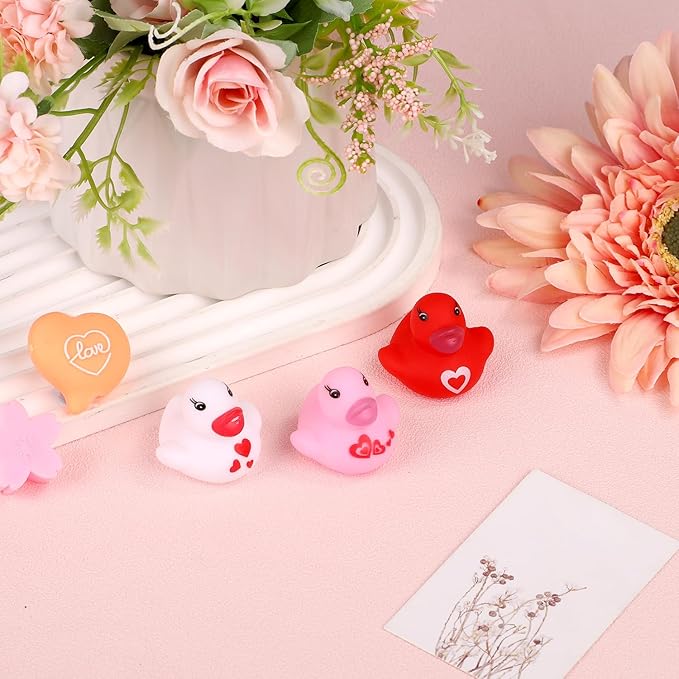 24pcs Valentine's Day Rubber Ducks, 1.57 inch Mini Small Assorted Rubber Bath Ducks Colorful Bathtub Toy Squeaky Duckies Love Heart Duck Valentines Day Gifts for Kids Cupcake Topper(3 Colors)