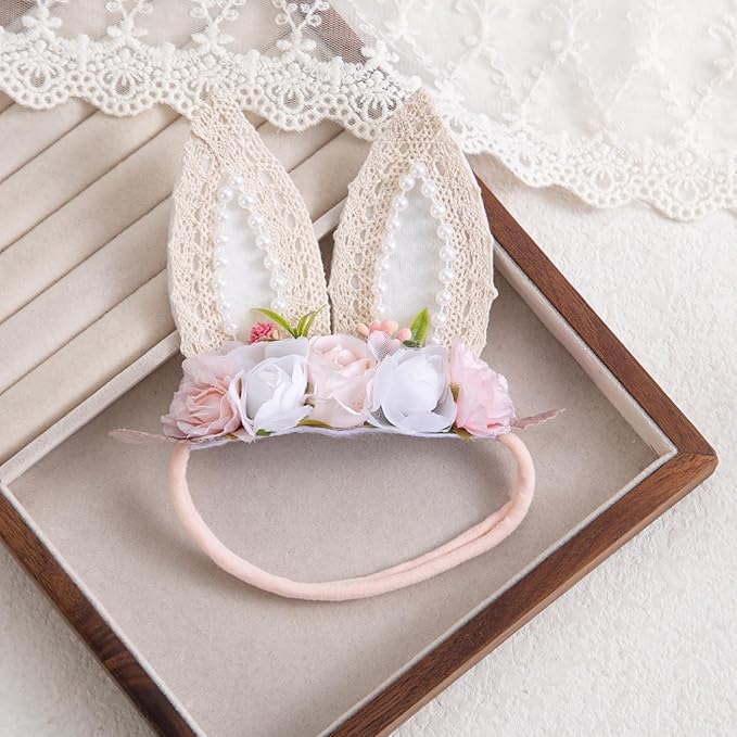 KIDOCHEESE Baby Girl Floral Easter Bunny Ears Headband Rabbit Ears Nylon Hairband for Newborn Infant Toddler Easter Hair Accessories Gift