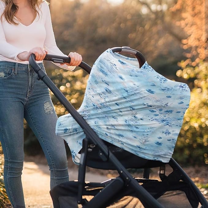 LedBack Baby Car Seat Cover for Babies, Blue Florals Car Seat Breastfeeding Cover for Boys Girls Breathable Baby Carseat Canopy