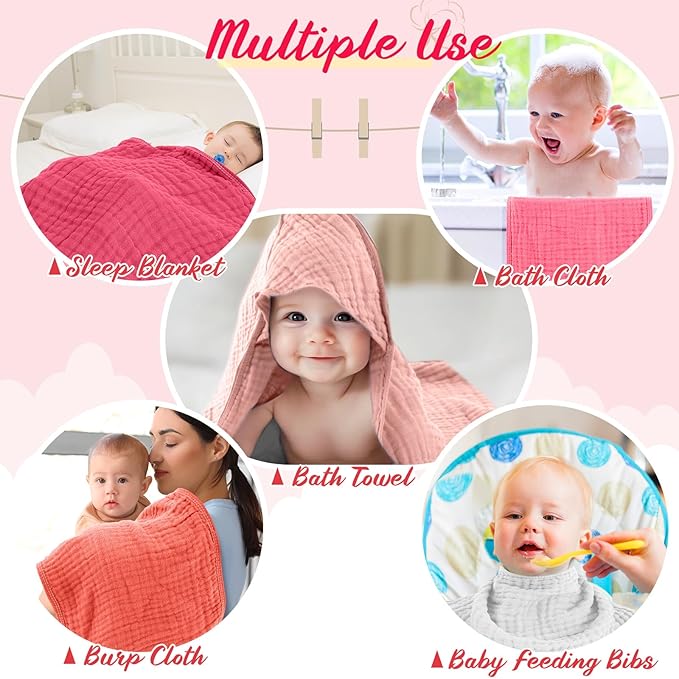 VitalCozy 12 Pcs Baby Muslin Hooded Bath Towels and Washcloths, Muslin Hooded Baby Towels Absorbent Blankets for Gift Newborn Infant Shower (Vibrant Colors)