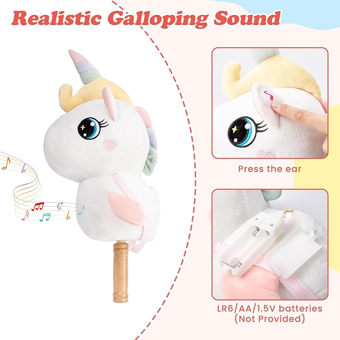FUNLIO Unicorn Stick Horse for Kids 3+, Rainbow Fairy Hobby Horse with Soft Plush & Wood Wheels, Neighing and Galloping Sound for Pretend Play & Creativity, Horse Toys Gift, CPC & CE Certified - White