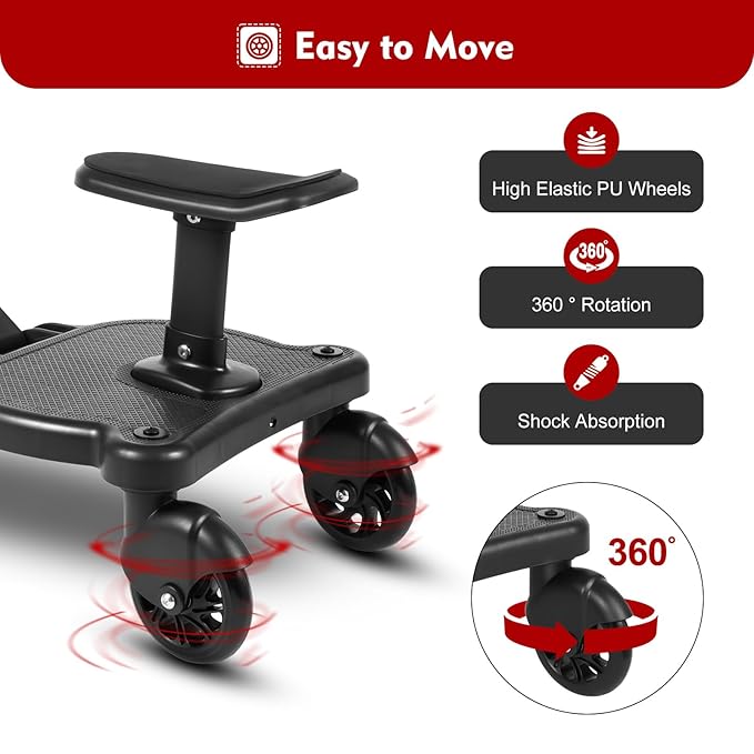 Universal Stroller Ride Board Buggy Wheeled Board Seat Ped, Detachable Seat Stroller Board Fits Most Strollers, Accommodates Children Up to 55 lbs