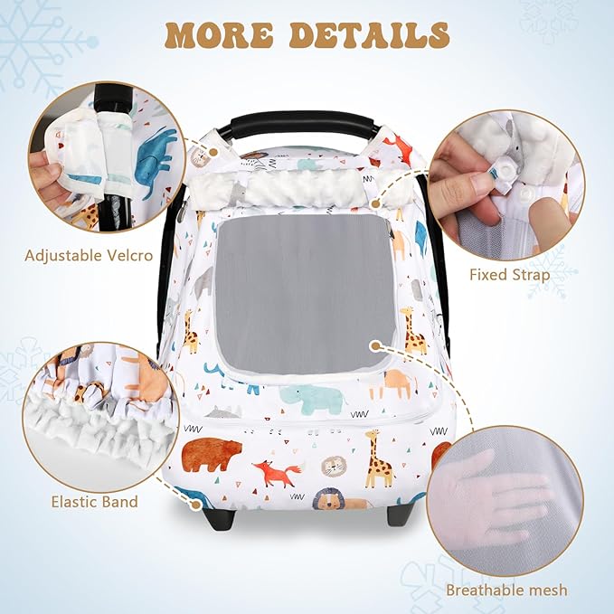 Baby Car Seat Cover for Boys, Infant CarSeat Covers with Mesh Man Fai Sky, Multi-Functional Newborn Canopy Breathable for Summer Winter, Windproof & Universal Fit, Animal
