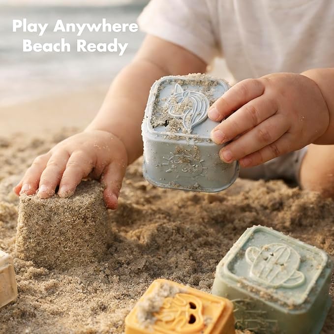 Baby Stacking Cups Toy, Silicone Stacking Tower Educational Baby Toys 6M+, Soft Teething Building Blocks 8 Pcs, BPA Free Sensory Infant Toy, Bath & Beach Toys, Vintage Neutral Colors-Gentle