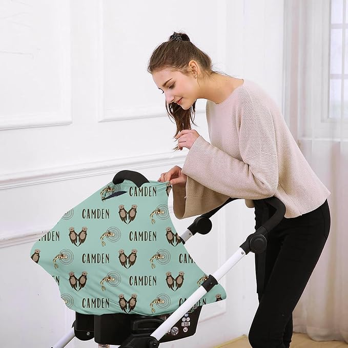 Personalised Infant Car Seat for New Parents - Baby Carseat Cover, Breast Feeding Cover, Green Otter Print Multi-Function pad for Boys Girls Toddlers - Christmas Gifts for Parent Babies(27"x29")