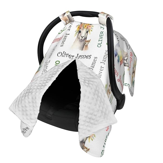 Personalized Winter Baby Car Seat Cover with Name Llama Winter Car Seat Cover for Baby Seat or Stroller Custom Infant Car Seat Covers Alpaca Minky Blankets Nursing Cover Breastfeeding Scarf