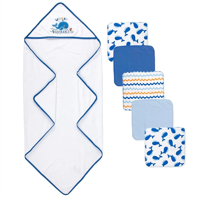Baby Hooded Bath Towel and Washcloth Set for Infant Boys 6-12 Months (Whaley Adorable Whale)