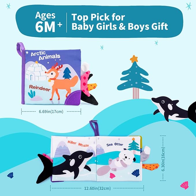 Love&Mini Baby Cloth Book Toys - Arctic Whale Sensory Touch & Feel Crinkle Books for Babies 6+ Months, Early Development Interactive Stroller Soft Toys, Easter Shower Gifts for Boys & Girls