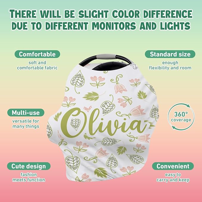 Personalised Car Seat Cover for Babies - Multi-use Carseat Canopy Cover with Name, Car Seat Covers, Christmas Birthday Gifts for Infant Boys and Girls Light Green Flower