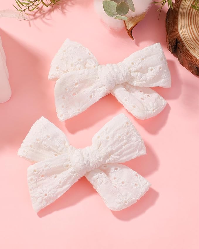 Jollybows 2pcs 3.2" Hair Bows Clips for Baby Girl Toddler Pigtail Neutral Linen Hair Clip Bows -White Eyelet