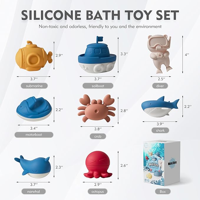 MarcZero Ocean Silicone Bath Toys 8Pcs for Toddlers Kids Babies,Bathtub Water Toys,Soft Squeezable Easy-Grip Pool Toys Set (Blue)
