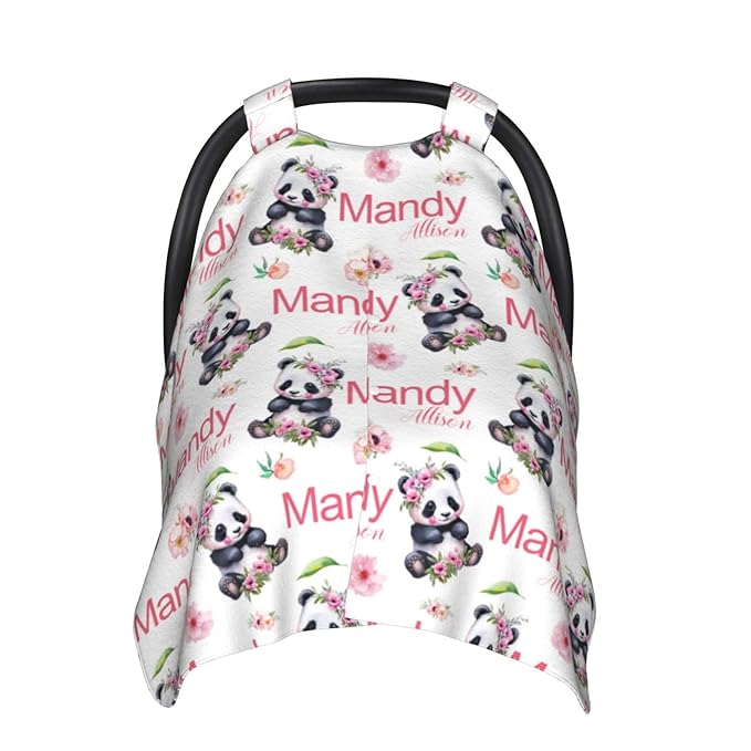 Personalized Baby Car Seat Canopy for Babies, Custom Name Baby Car Seats Covers for Girls, Opening Minky Nursing Breastfeeding Cover for Infant, Carseat Canopies for Newborn (Floral Panda Bear)