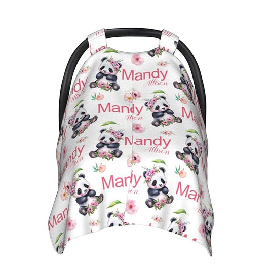 Personalized Baby Car Seat Canopy for Babies, Custom Name Baby Car Seats Covers for Girls, Opening Minky Nursing Breastfeeding Cover for Infant, Carseat Canopies for Newborn (Floral Panda Bear)
