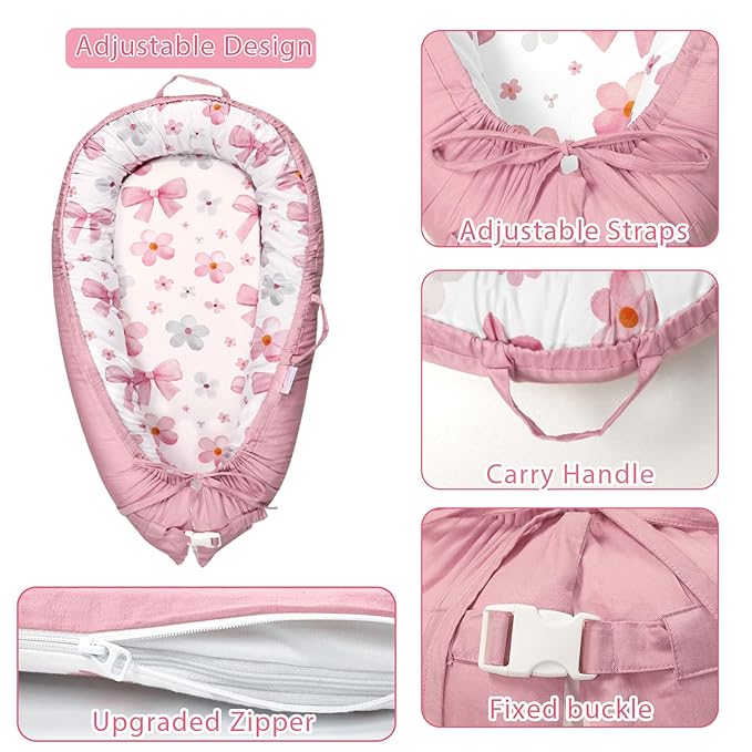 Hooyax Baby Lounger Cover Only, 100% Cotton Newborn Nest Cover, Soft Portable Baby Nest Replacement Cover for Boys Girls, Breathable Infant Lounger Covers, Baby Essential (Bow Flower)