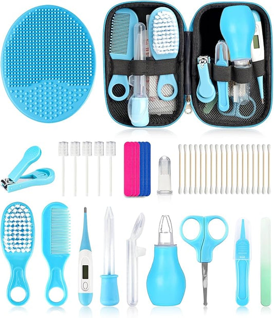 Baby Grooming and Healthcare Kit, Portable Baby Safety Care Set with Hair Brush Comb Nail Clipper Nasal Aspirator for Nursery Newborn Infant Girl Boy (25 in 1 Blue)