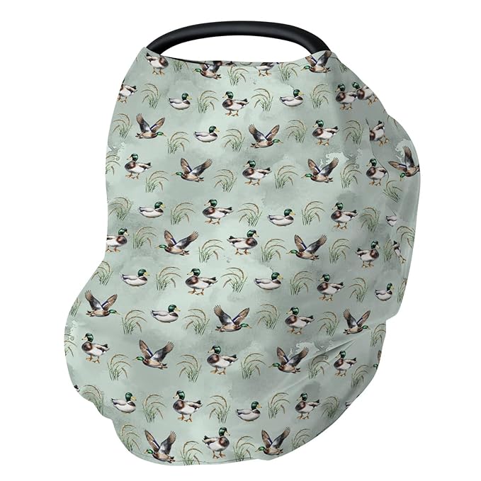Vintage Mallard Duck Car Seat Cover for Babies Hunting Duck Green Leaves Stretchy 5-in-1 Cover Adjustable Infant Carseat Canopy Cover Wild Duck Animal Breathable Nursing Cover-Up