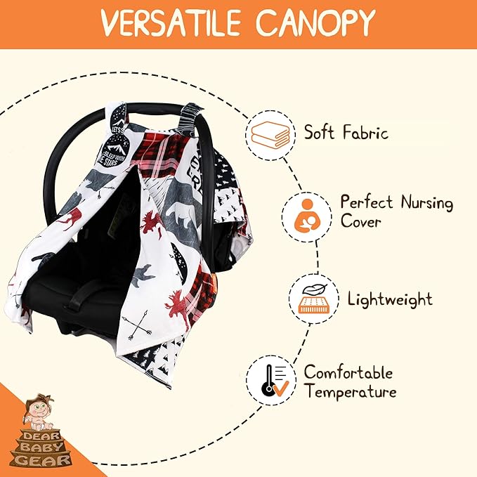 Dear Baby Gear Car Seat Blanket - Infant Carseat Canopy & Winter Covers - Cozy Baby Car Seat Cover for Girls & Boys - Doubles as Stroller Cover - Northwood Moose & Arrows - Faux Quilt - 38" x 27"