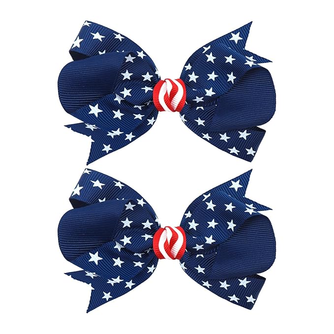YanJie 2pcs 4th of July Hair Clips 4'' Navy Blue Bow White Stars Baby Girls Clip American Flag Hair Bow Patriotic Accessories Independence Day