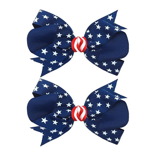 YanJie 2pcs 4th of July Hair Clips 4'' Navy Blue Bow White Stars Baby Girls Clip American Flag Hair Bow Patriotic Accessories Independence Day