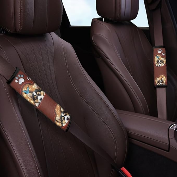 UNICEU Cute Corgi Dog Butterfly Seat Belt Cover Pad 2 Pack Set Soft Automotive Shoulder Pads for Dog Lover,Universal Fit Most Vehicle SUV Truck