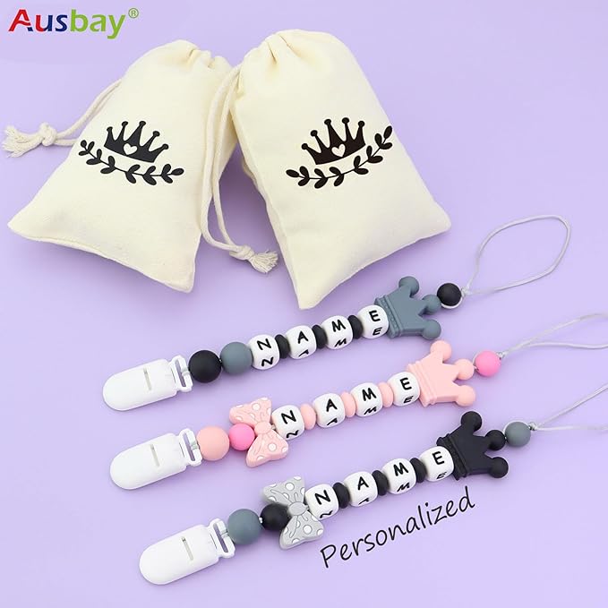 Personalized Pacifier Clip with Name, Ausbay Customized Pacifier Holder Leash with Name (Pink)
