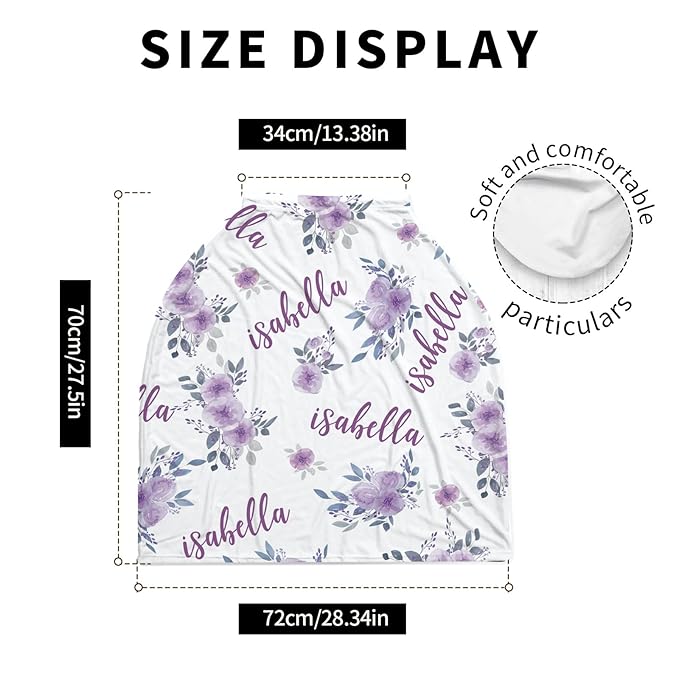 Personalized Baby Car Seat Cover Stroller Canopy: Custom Name Newborn Baby Girl Elastic Purple Flowers Nursing Cover for Moms First Birthday Gift(one Size)