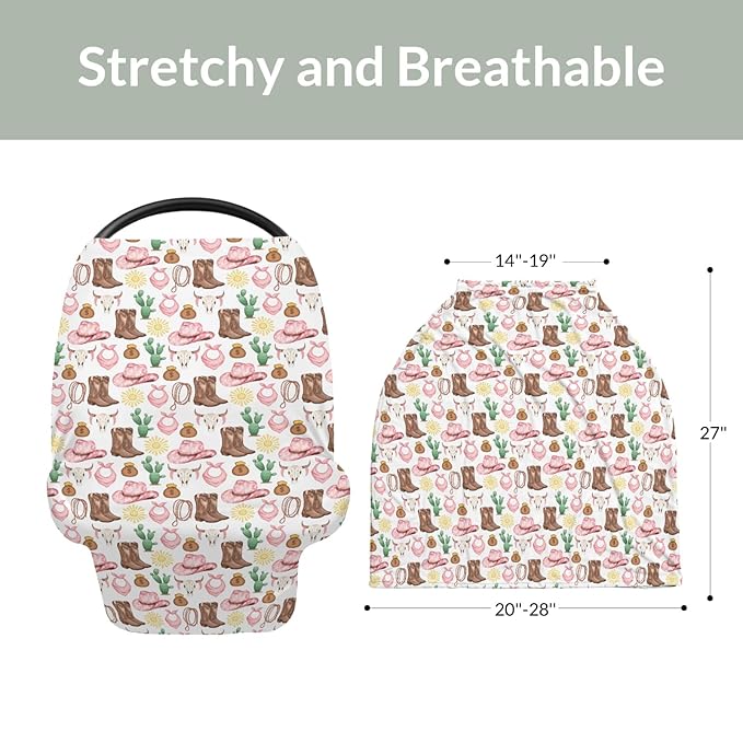 Pink Western Cowgirl Baby Car Seat Covers for Girl Cute Cowgirls Boots Hat Horse Cactus Sun Cow Skulls Stretchy 5-in-1 Cover Country Adjustable Car Canopy Cover Wild West Breathable Nursing Cover-Up