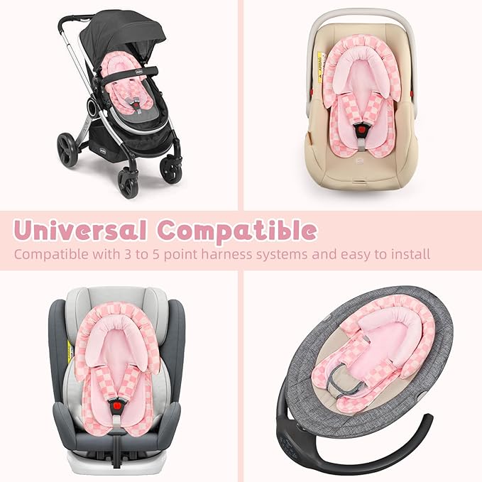 Infant Car Seat Insert with 2 Strap Pads, Carseat Cushion Baby Boy & Girl, Soft and Comfortable Carseat Head Support for Newborn, Pink Checkered