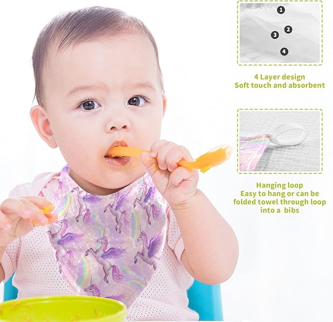 Unicorn Rainbow Baby Washcloths Newborn Muslin Burp Cloths 3 Pack Soft Cotton Baby Face Bath Towel Drool Bibs for Infants, Girls and Boys 11.8 x 11.8 Inch