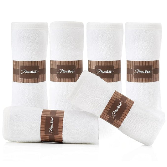 MINIBOO Premium Baby Washcloths for Sensitive Skin - Extra Soft and Absorbent Viscose from Bamboo Face Cloths and Newborn Bath Face Towel - Perfect as Baby Gifts - 6-Pack (White)