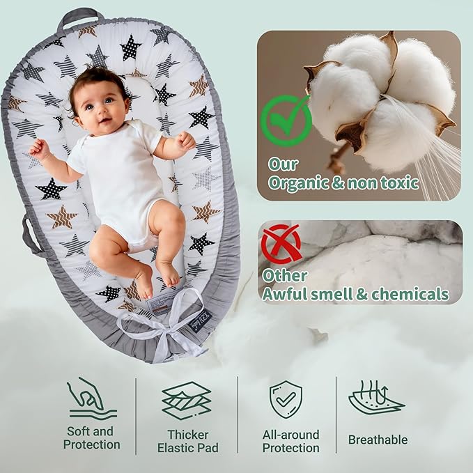 Infant Support Cushions | Baby Lounger | Organic Cotton Infant Lounger | Reversible, Adjustable & Portable Floor Lounger | Supervised Use | Soft, Breathable, Washable Cover(Star)