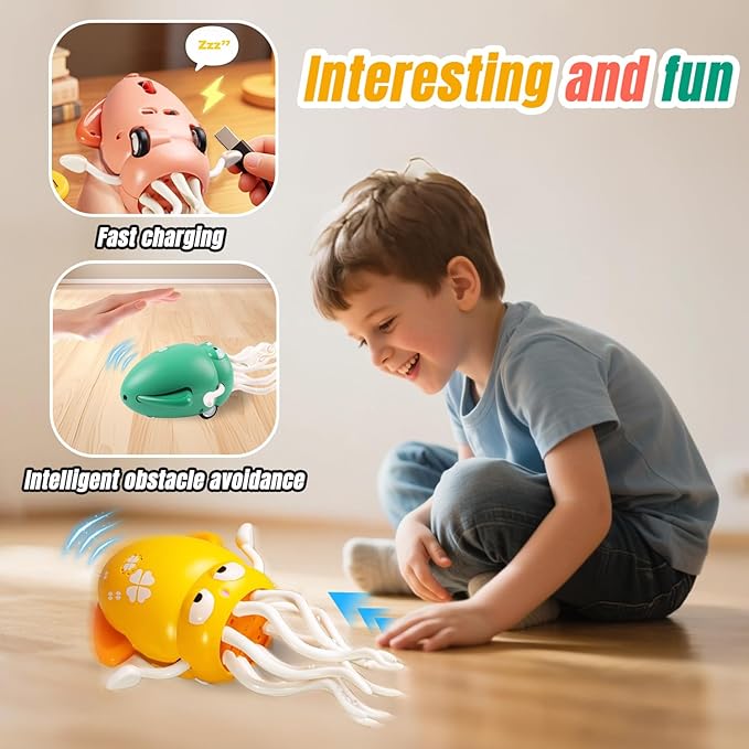 Electric Dancing Octopus Baby Toy, with Automatic Obstacle Avoidance Sensor, Upright & Crawling Modes, Rechargeable Magic Dancing Music Squid for Kids Ages 3-7, Fun Birthday Gift for Boys Girls (Red)