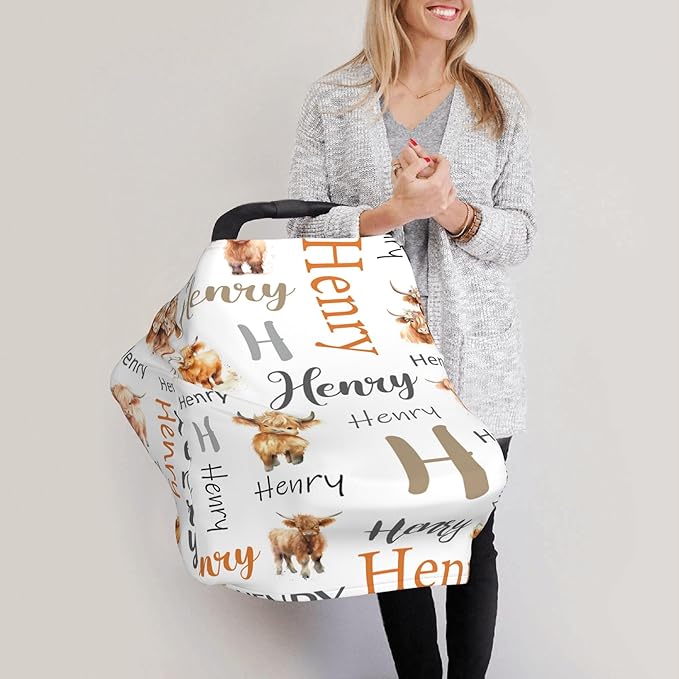 Personalized Car Seat Covers with Name, Highland Cow Baby Canopy Carrier Cover, Breathable Breastfeeding Nursing Cover, Stretchy Multi-Use Infant Carseat Stroller Cover